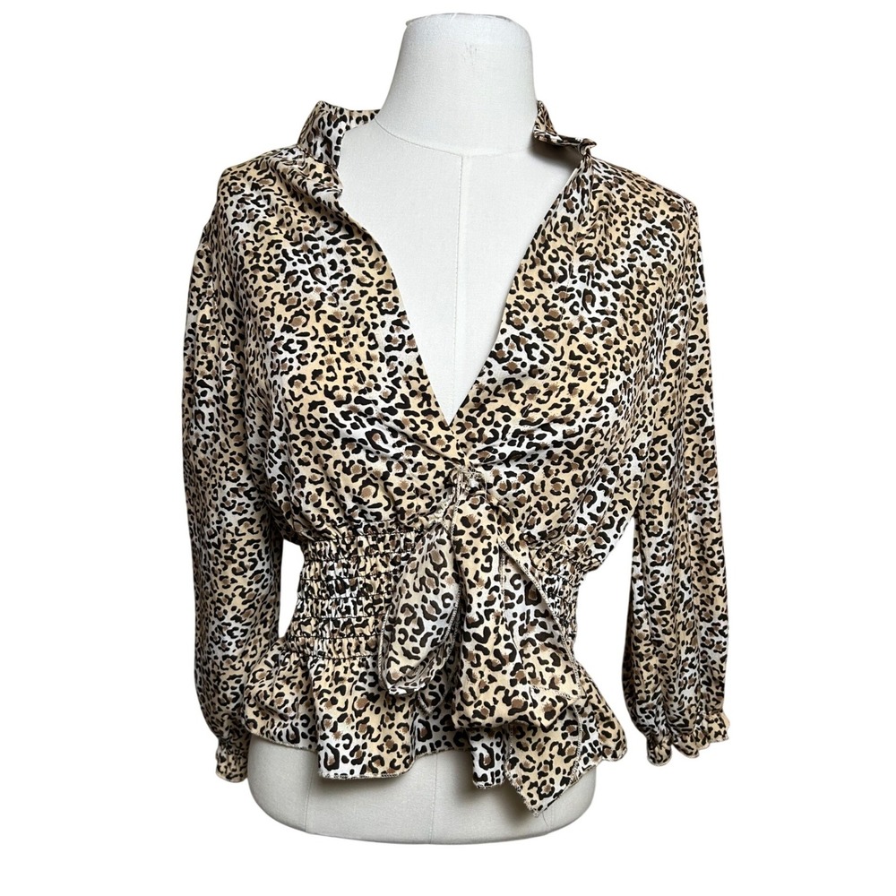 Y2K Leopard Print Tie Front Smocked‎ Peplum Babydoll Blouse Brown Chic Small
